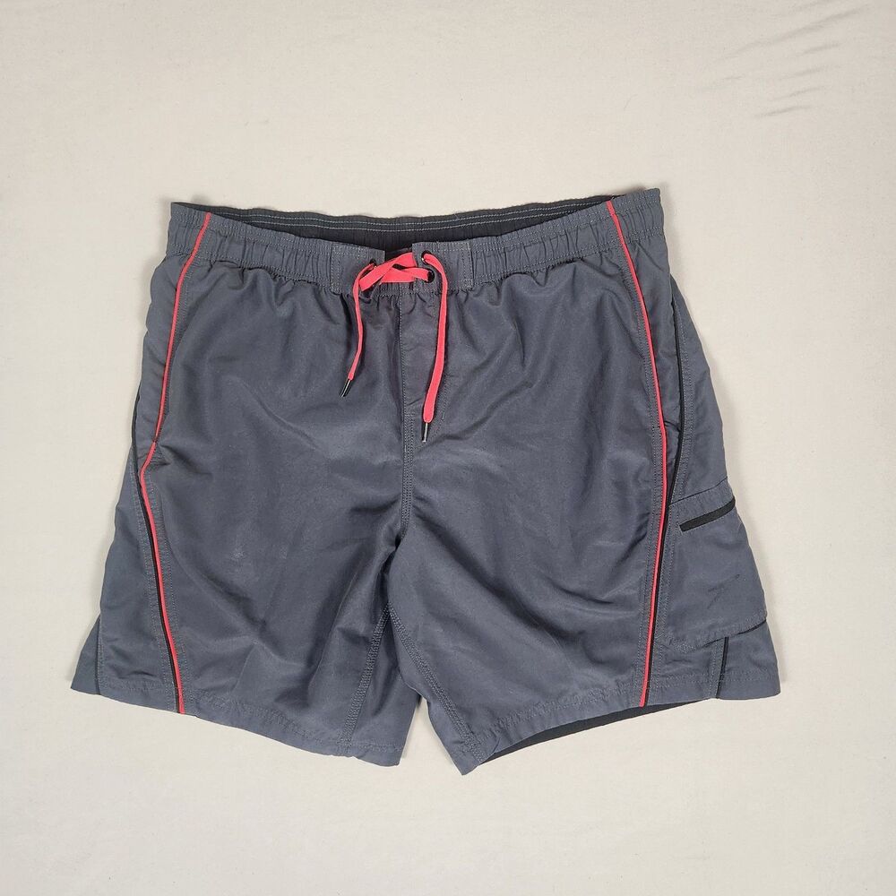 Speedo Swim Trunks Men Large Gray Red Stripe Board Shorts Lined